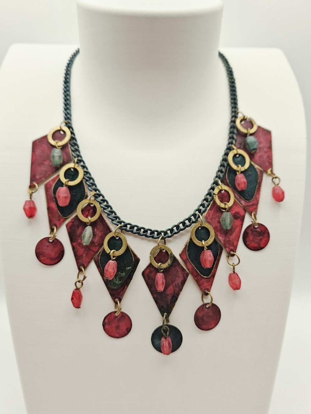 Bold Red and Green Geometric Statement Necklace